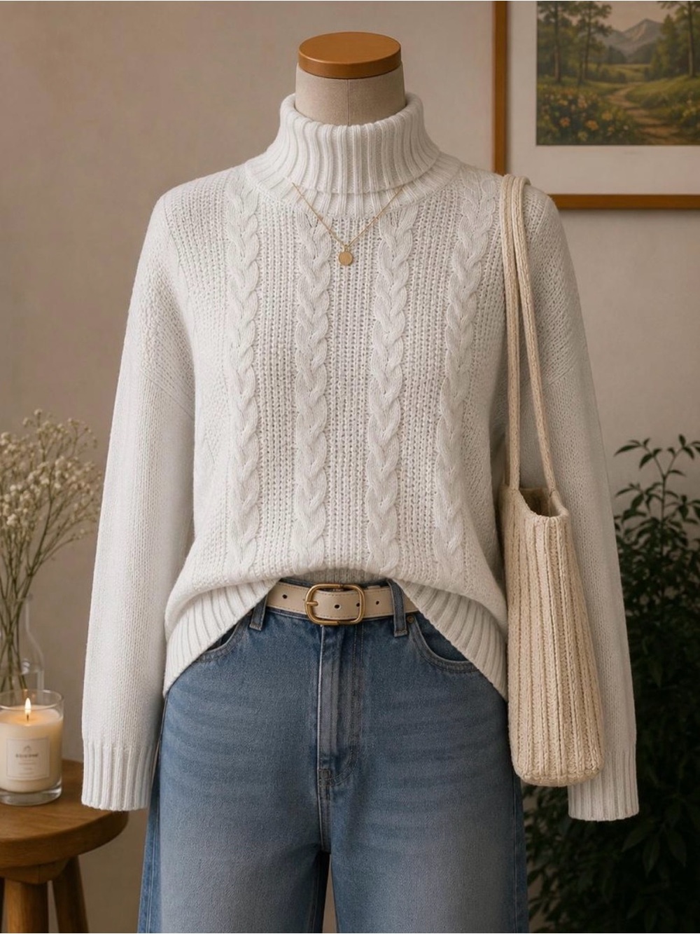Women’s Cream Cable Knit Turtleneck Sweater